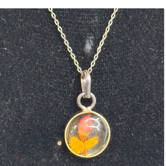 Sterling Silver 925 Necklace Resin Pendant Encased Pressed Autumn Fall Leaves - Picture 1 of 8
